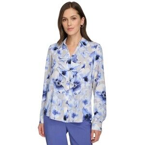 Calvin Klein Women's Printed Ruffle-Collar Blouse Top Floral Blue Gray White XS